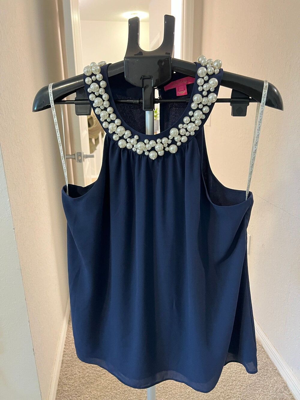 Lilly Pulitzer Shawn Navy Blue Pearl Collar High Neckline Blouse Women’s Large